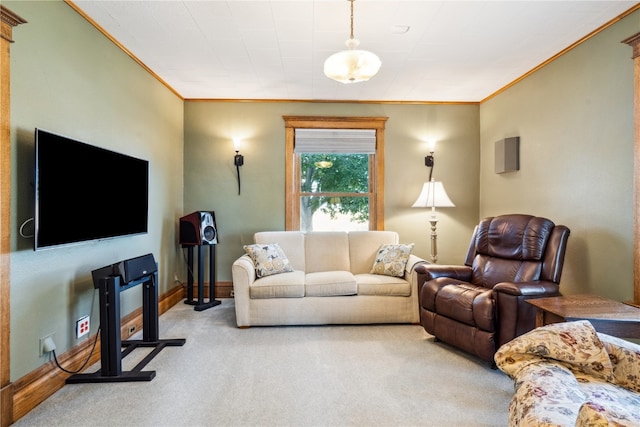 carpeted living room with crown molding