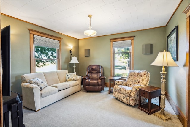 carpeted living room with crown molding