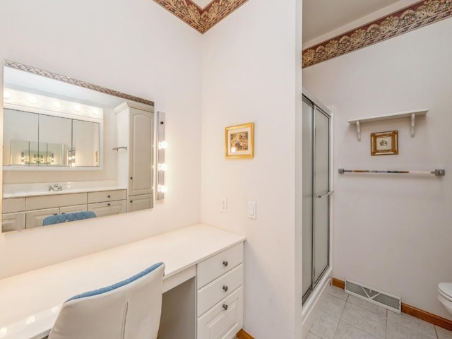 full bathroom with visible vents, toilet, tile patterned flooring, vanity, and a shower stall