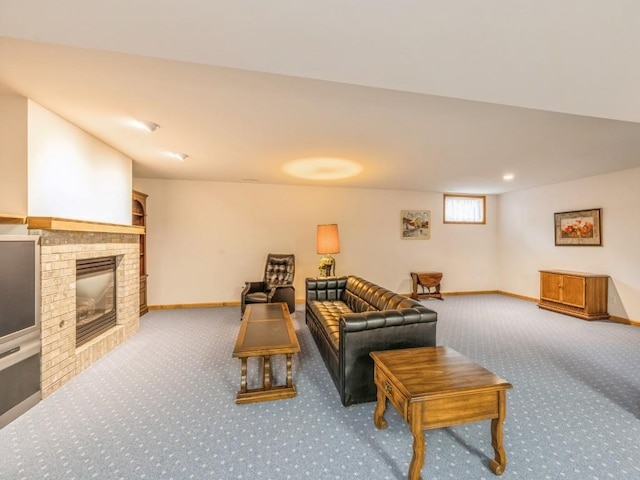 living area with a brick fireplace, carpet, and baseboards