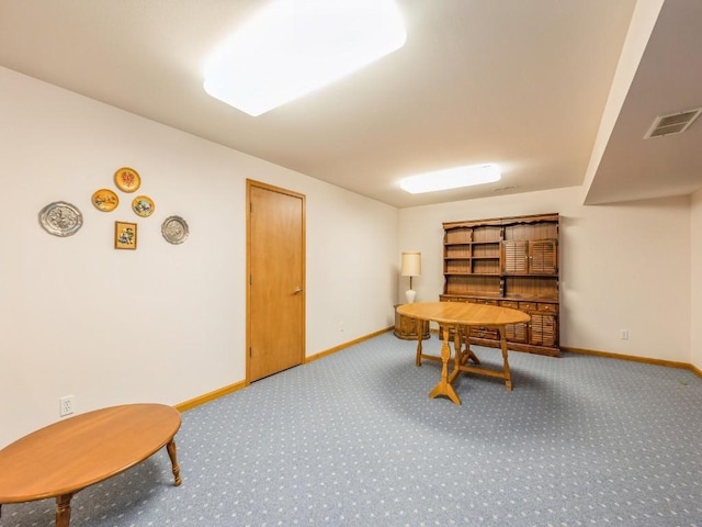 game room with carpet, visible vents, and baseboards