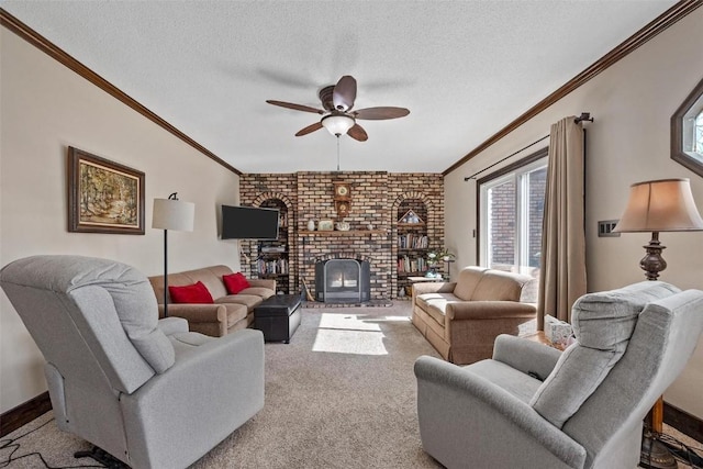 living room featuring ceiling fan, light colored carpet, a textured ceiling, and a brick fireplace