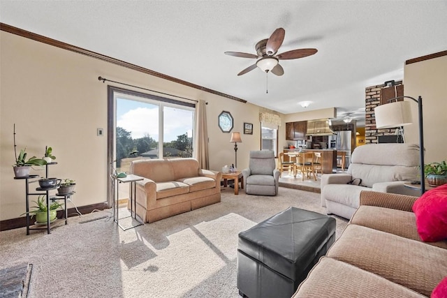 carpeted living room with ceiling fan, crown molding, and a textured ceiling