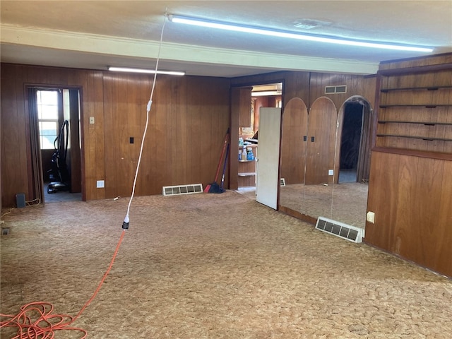 basement with wood walls and carpet flooring