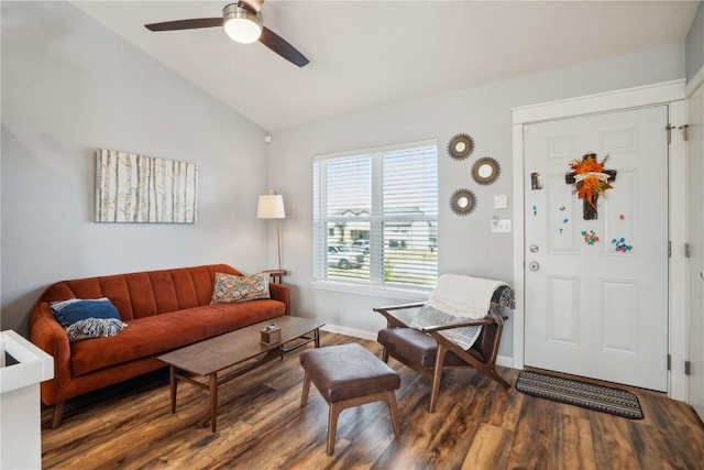 living room with dark hardwood / wood-style flooring, lofted ceiling, and ceiling fan