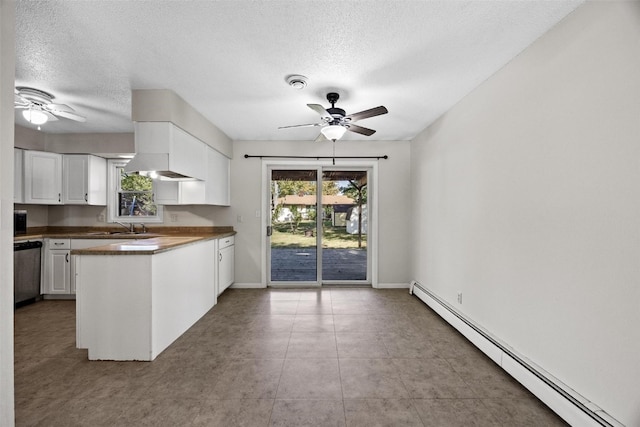 kitchen with dishwasher, a textured ceiling, white cabinetry, and baseboard heating