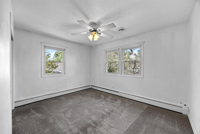 unfurnished room with ceiling fan, a textured ceiling, a baseboard radiator, and dark colored carpet