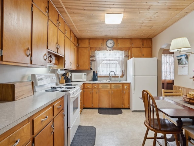 kitchen with wood walls, sink, white appliances, and wooden ceiling