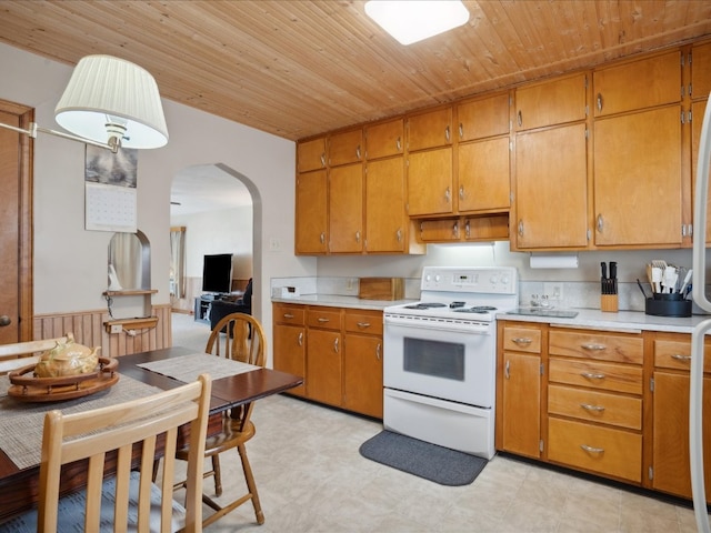 kitchen with electric stove and wooden ceiling