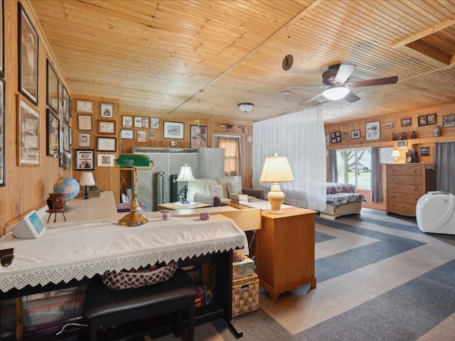 interior space with ceiling fan, wood ceiling, and wood walls