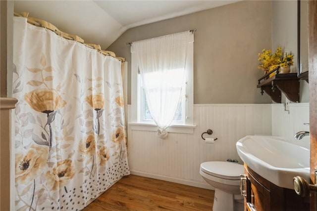 bathroom with hardwood / wood-style flooring, vanity, toilet, and vaulted ceiling