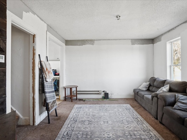 living room featuring a textured ceiling and carpet flooring