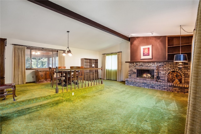 carpeted living room with vaulted ceiling with beams, a fireplace, and a healthy amount of sunlight