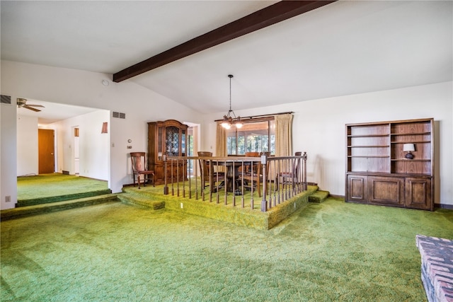 interior space featuring a notable chandelier and lofted ceiling with beams