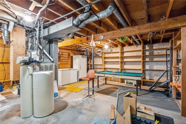 basement featuring white fridge, pool table, and fridge