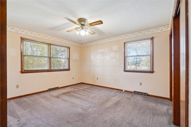 carpeted empty room featuring ceiling fan, plenty of natural light, and a textured ceiling