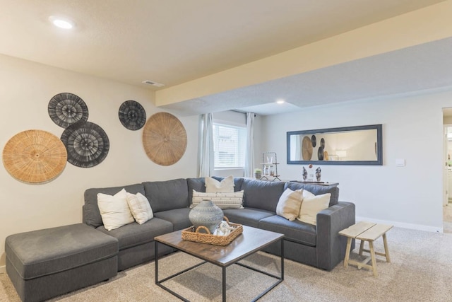 living room with light colored carpet