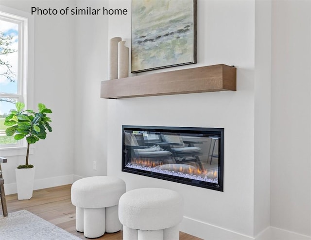 room details with wood finished floors, a glass covered fireplace, and baseboards