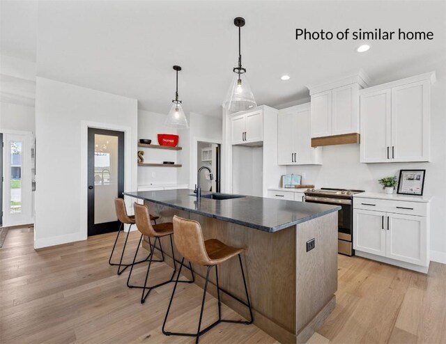 kitchen featuring a sink, white cabinets, electric stove, open shelves, and light wood finished floors