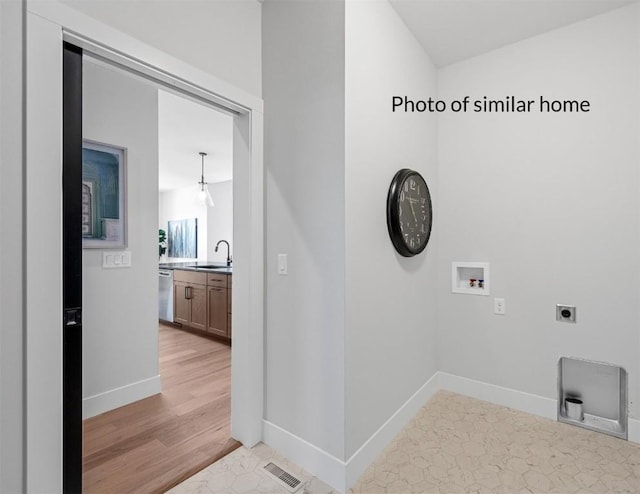 laundry room featuring laundry area, visible vents, a sink, washer hookup, and electric dryer hookup