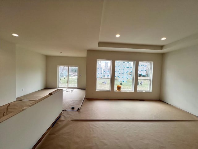 empty room featuring a healthy amount of sunlight, light colored carpet, and a tray ceiling