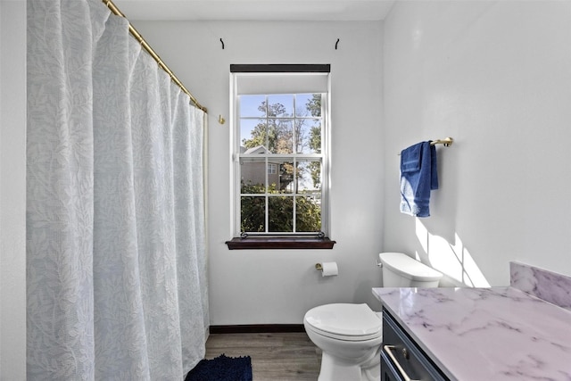 bathroom featuring vanity, toilet, and hardwood / wood-style floors