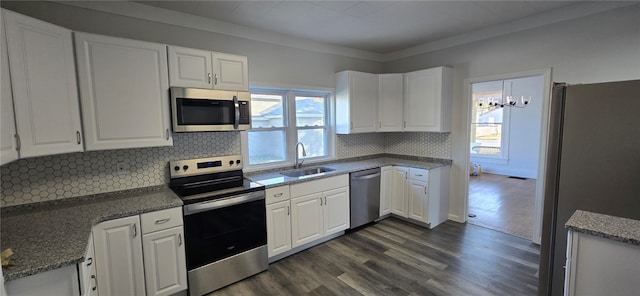 kitchen with dark hardwood / wood-style floors, white cabinetry, stainless steel appliances, and a healthy amount of sunlight