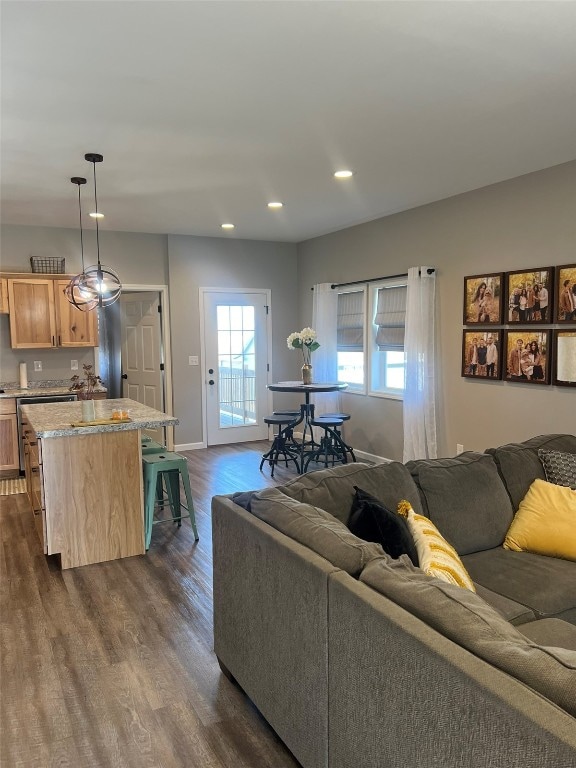 living room with dark hardwood / wood-style floors