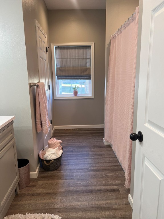 bathroom with vanity, curtained shower, and hardwood / wood-style flooring