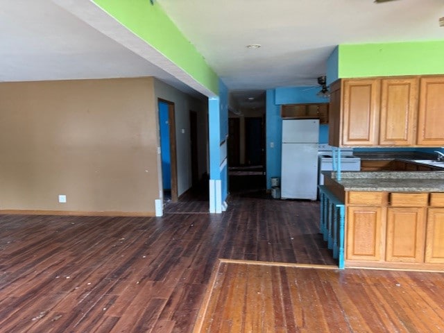 kitchen with white fridge, sink, ceiling fan, and dark hardwood / wood-style flooring