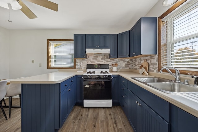 kitchen with a healthy amount of sunlight, sink, kitchen peninsula, and white range with gas stovetop