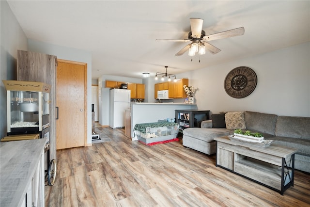 living room featuring light hardwood / wood-style floors and ceiling fan