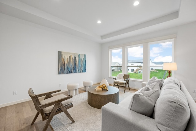 living room featuring a tray ceiling and light hardwood / wood-style floors