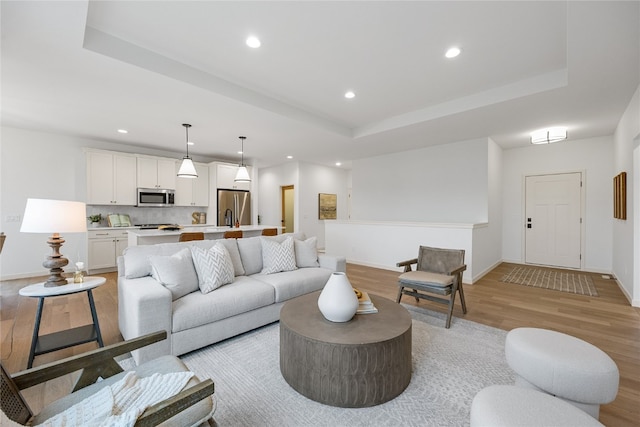 living room featuring light hardwood / wood-style floors and a raised ceiling