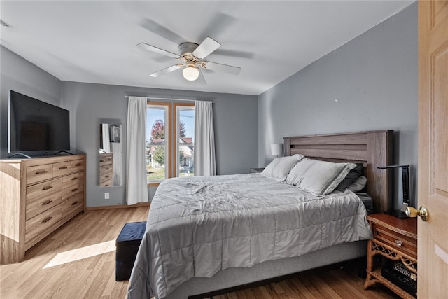 bedroom featuring ceiling fan and light hardwood / wood-style flooring