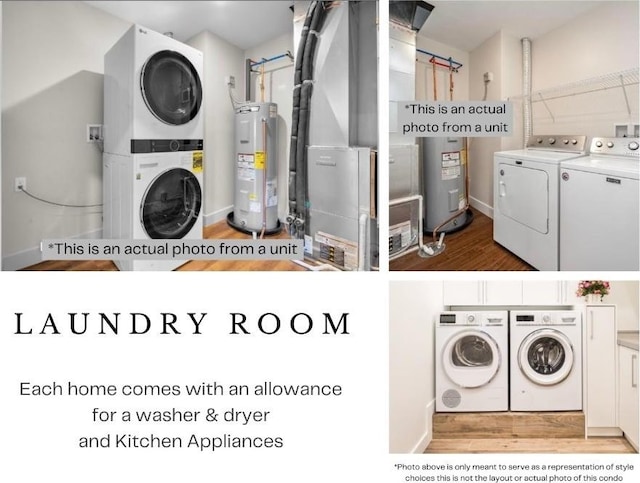 1871 Ellis Blvd NW Unit 106, Cedar Rapids, IA 52405 - washroom with electric water heater, stacked washer / drying machine, heating unit, wood finished floors, and washing machine and clothes dryer