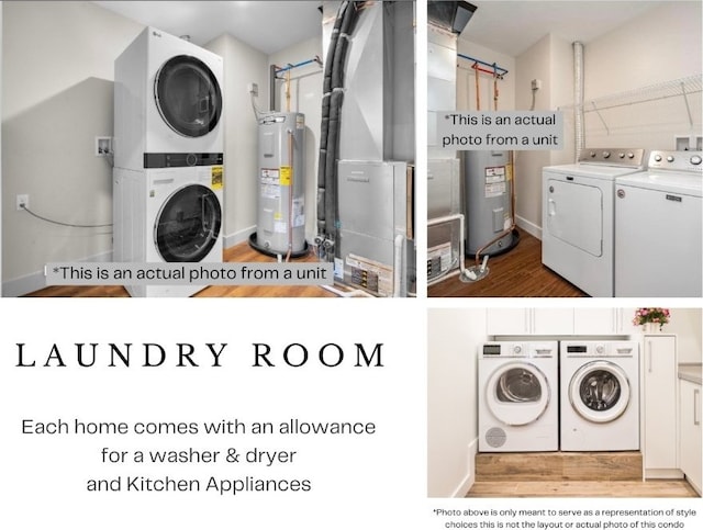 clothes washing area featuring electric water heater, heating unit, light wood-type flooring, and stacked washing maching and dryer