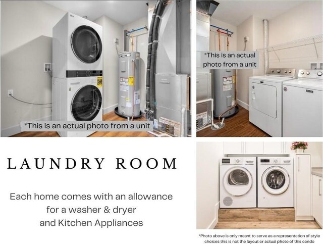 1871 Ellis Blvd NW Unit 202, Cedar Rapids, IA 52405 - washroom with electric water heater, stacked washer / drying machine, heating unit, wood finished floors, and washing machine and clothes dryer