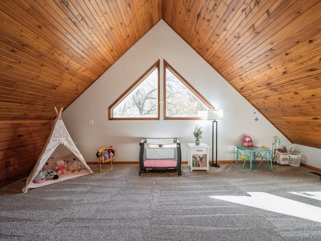 rec room with carpet, lofted ceiling, and wooden ceiling