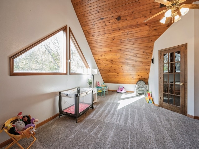 game room featuring wooden ceiling and lofted ceiling