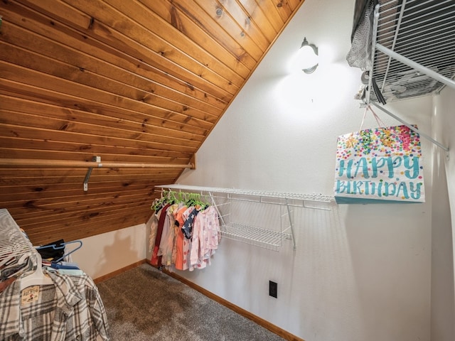 spacious closet with lofted ceiling and carpet floors