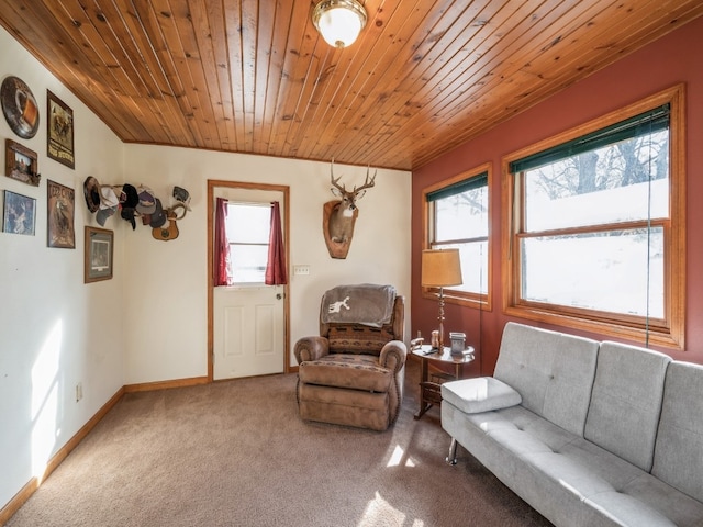 living area featuring a healthy amount of sunlight, carpet, and wooden ceiling