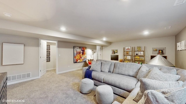 living room featuring light colored carpet