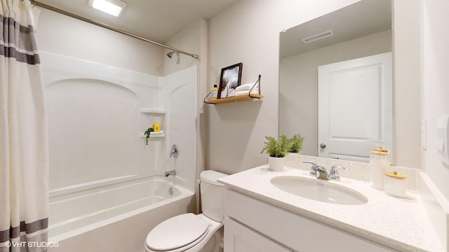 full bathroom with vanity, toilet, and shower / bathtub combination with curtain