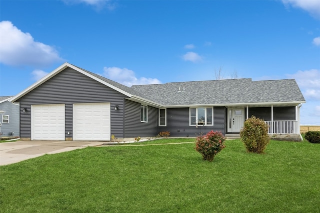 ranch-style house with a garage, a front yard, and a porch