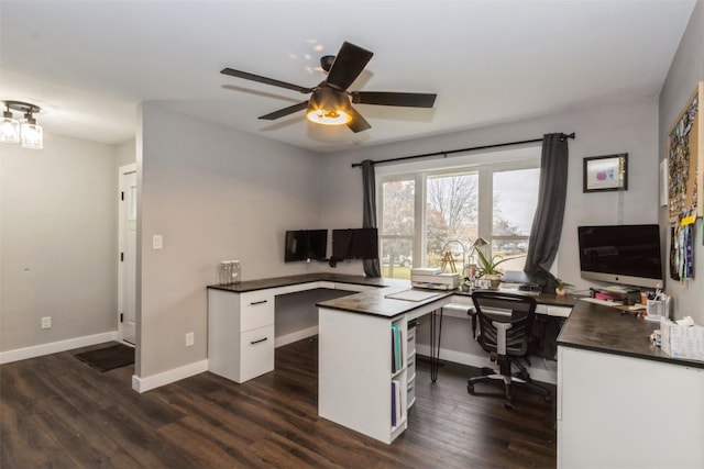 office space featuring dark wood-type flooring and ceiling fan