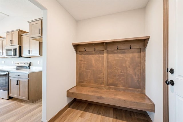 mudroom featuring baseboards and light wood finished floors