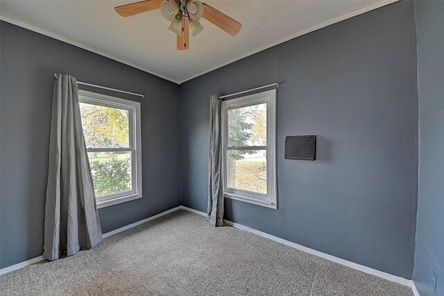 spare room featuring ceiling fan, a healthy amount of sunlight, and carpet floors