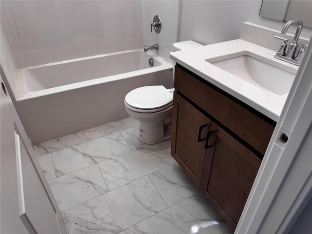 bathroom featuring vanity, toilet, bathtub / shower combination, and marble finish floor