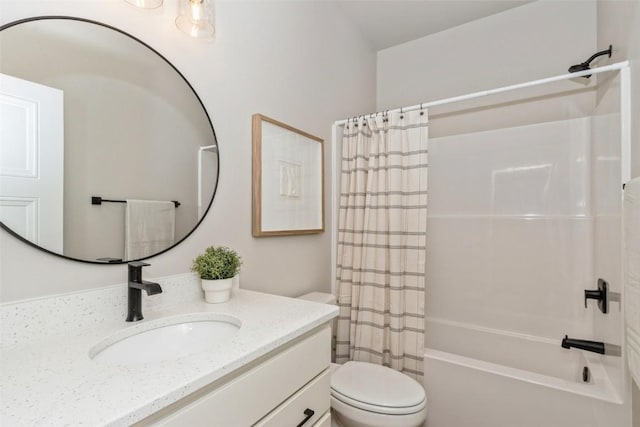 full bathroom with vanity, toilet, and shower / bathtub combination with curtain